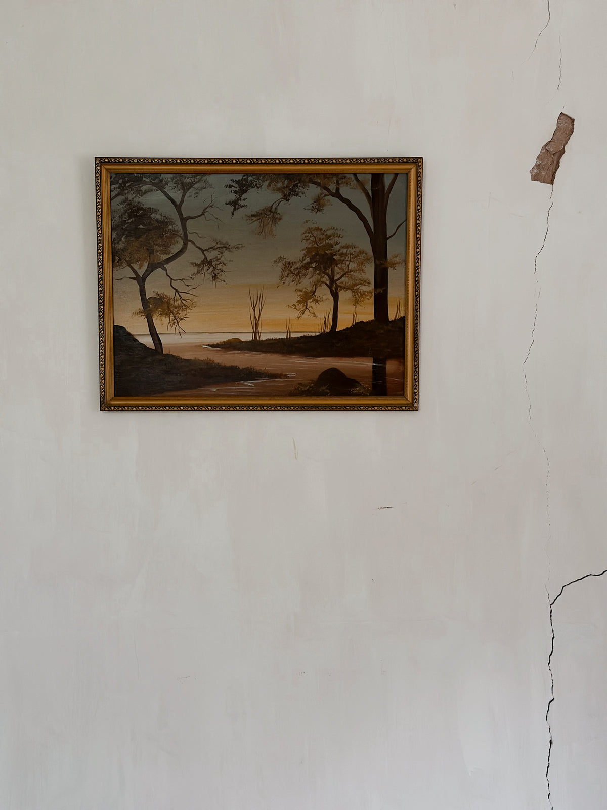 Mid-century landscape painting - river scene in ornate frame