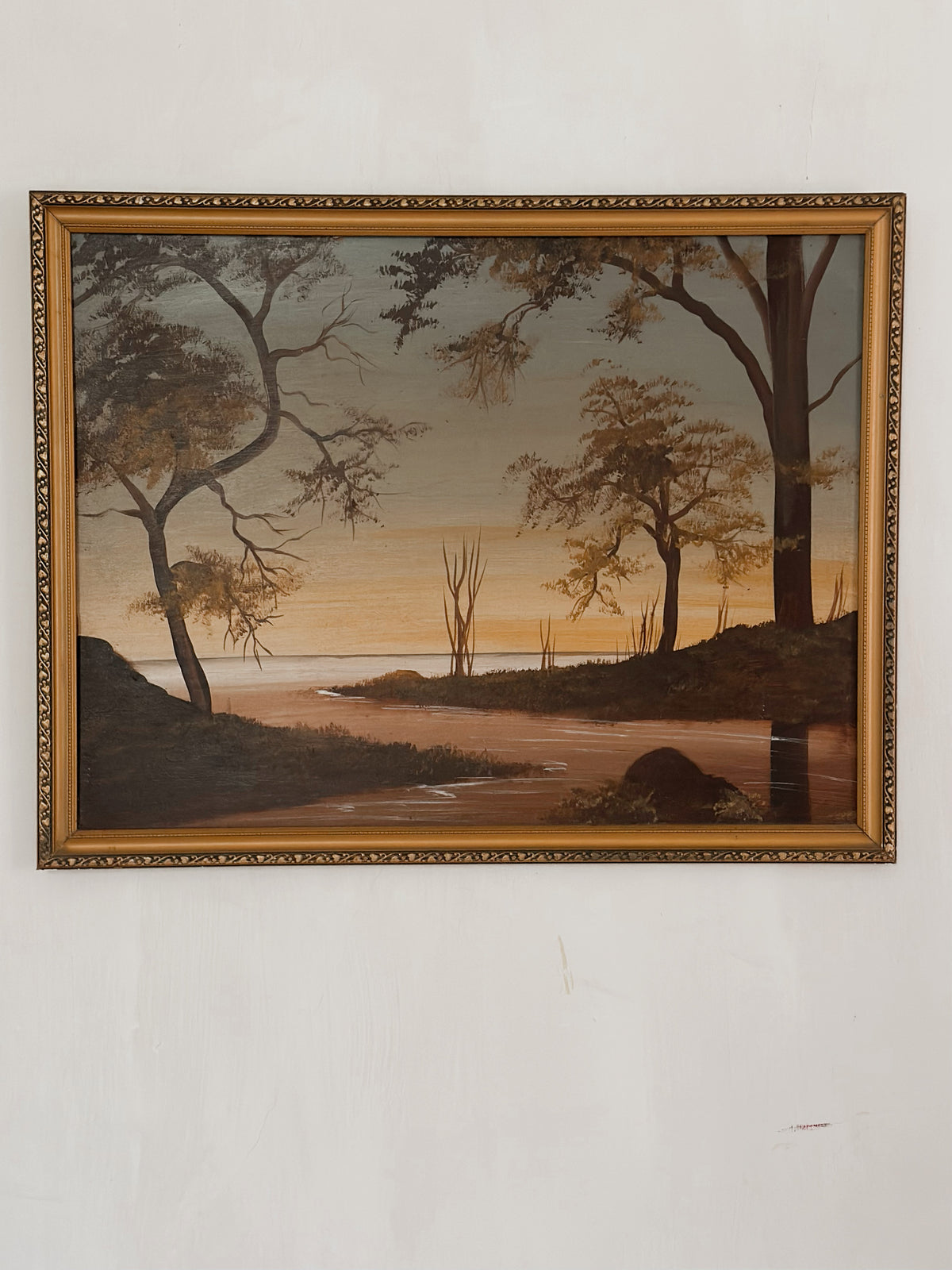 Mid-century landscape painting - river scene in ornate frame