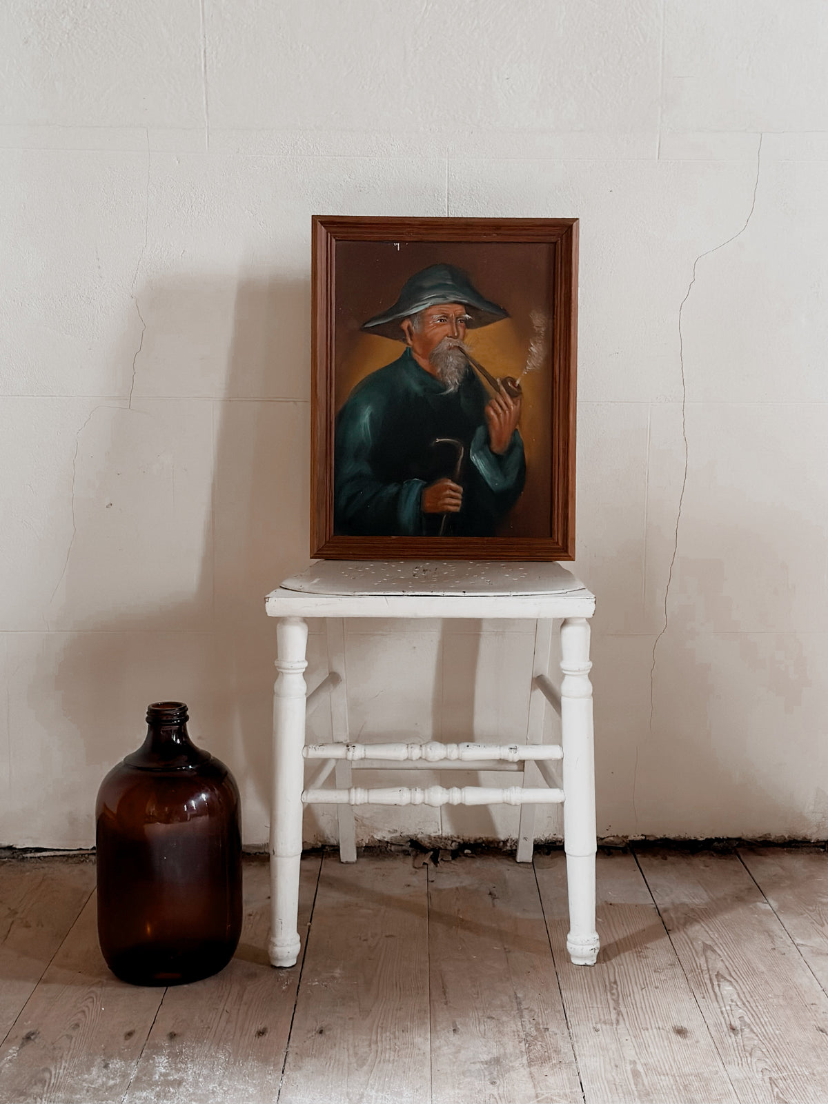 Portrait Painting – Elderly Wise Man Smoking Pipe in Timber Frame