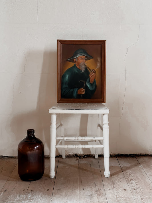 Portrait Painting – Elderly Wise Man Smoking Pipe in Timber Frame