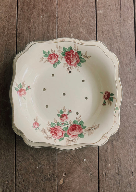 Berry Strainer Colander & Underplate Set - J&G Meakin “Sunshine” Pink Rose