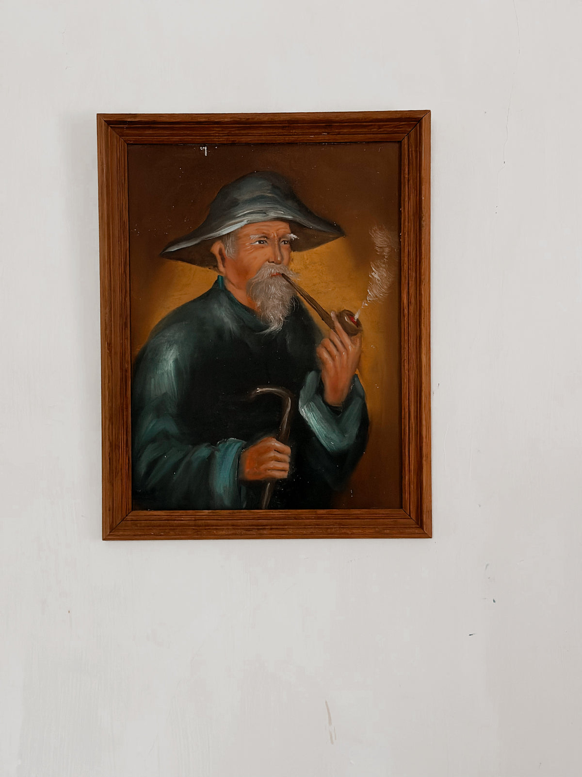 Portrait Painting – Elderly Wise Man Smoking Pipe in Timber Frame