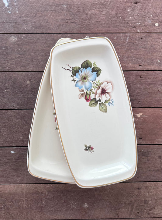 Mid-Century Romanian Ceramic Sandwich Tray - Blue & White Floral