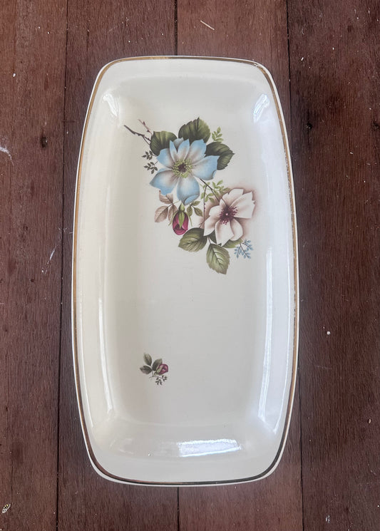 Mid-Century Romanian Ceramic Sandwich Tray - Blue & White Floral