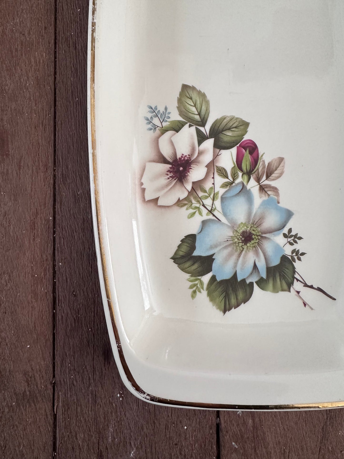 Mid-Century Romanian Ceramic Sandwich Tray - Blue & White Floral