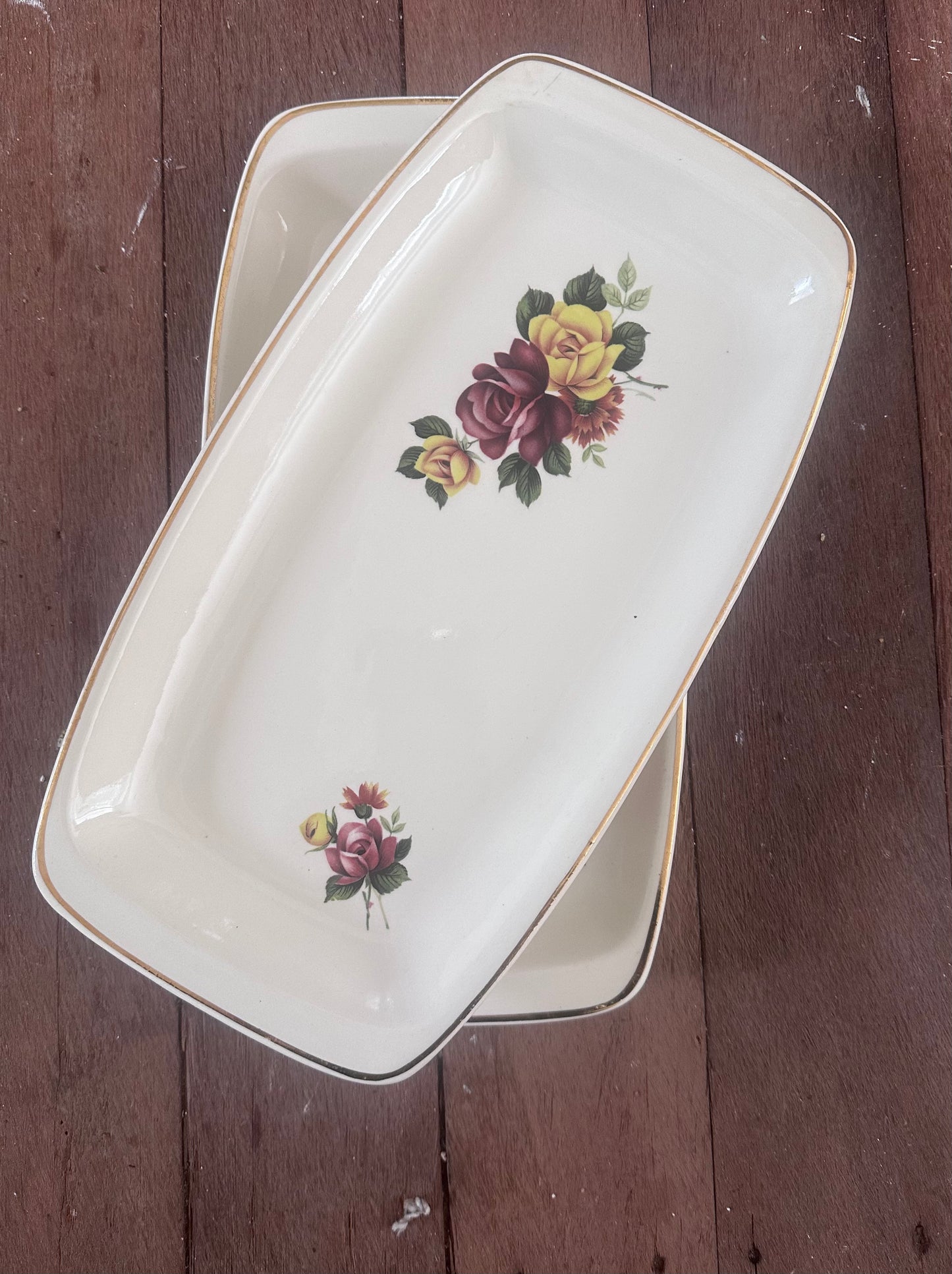 Mid-Century Romanian Ceramic Sandwich Tray - Plum & Yellow Floral