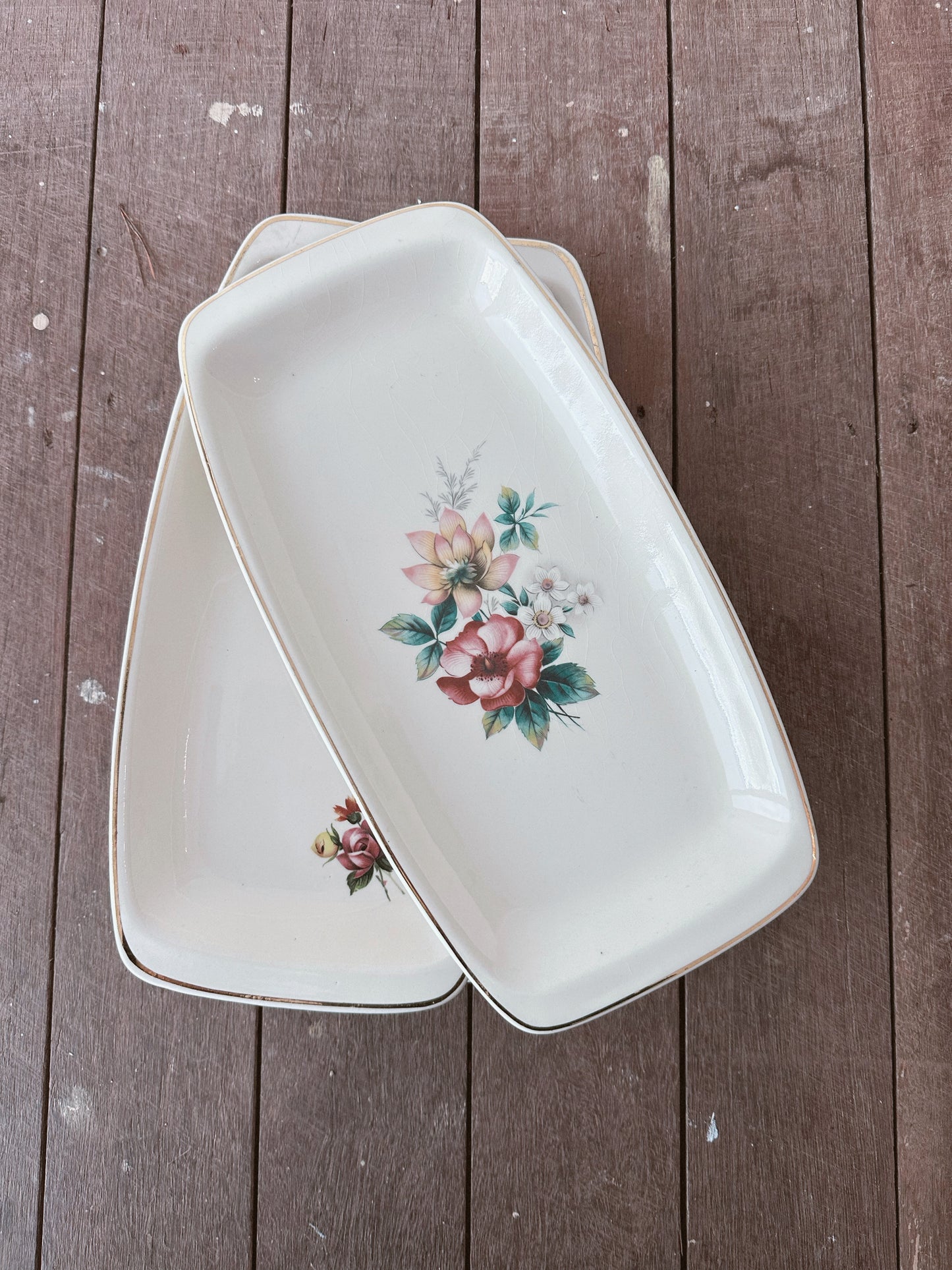 Rectangular Ceramic Serving Tray with pink and whte floral feature and gold trim. 