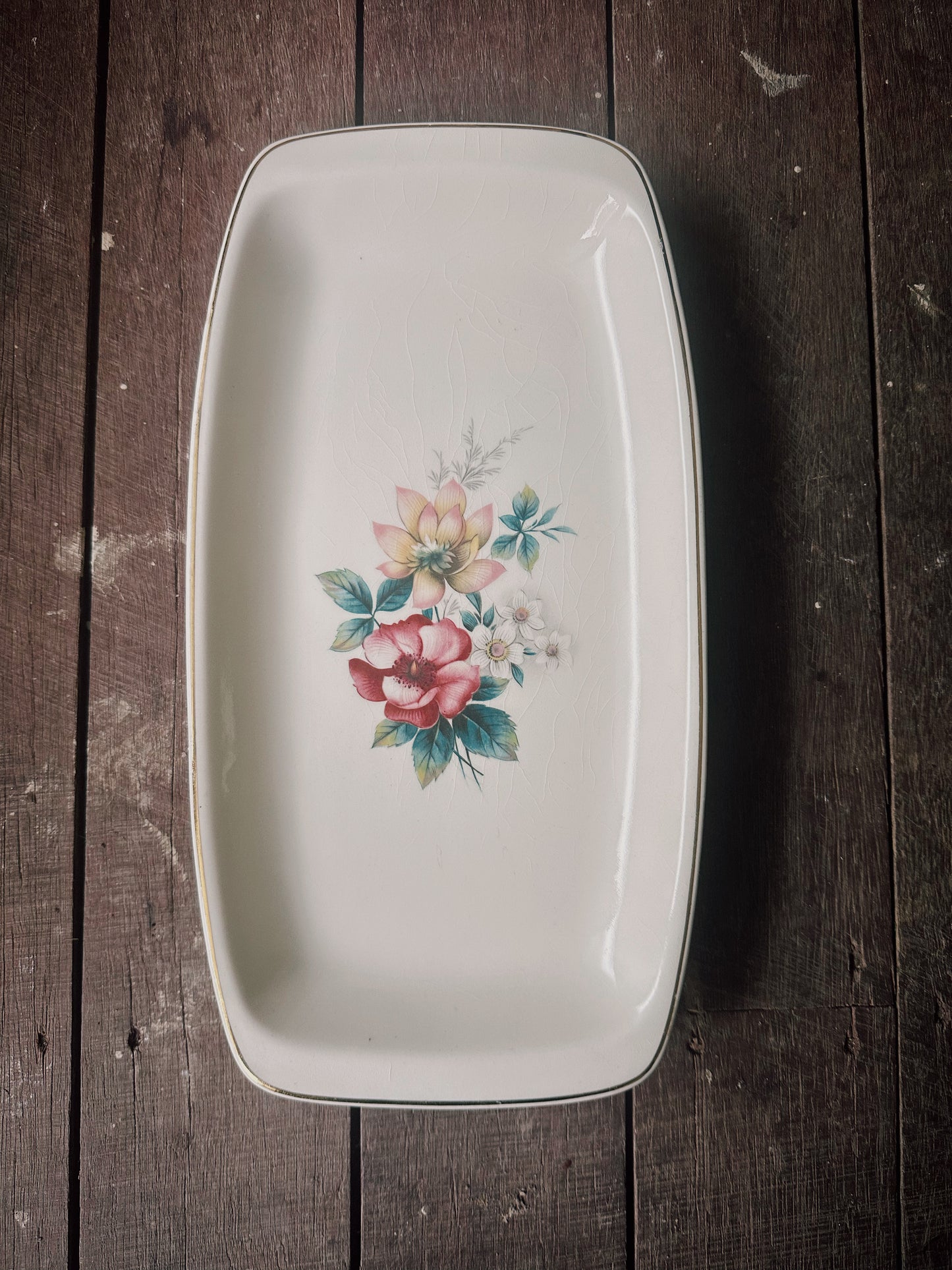 Mid-Century Romanian Ceramic Sandwich Tray - Pink & White Floral