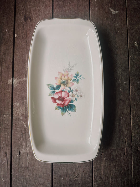 Mid-Century Romanian Ceramic Sandwich Tray - Pink & White Floral
