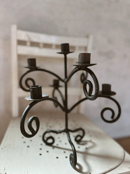 5-arm Black Wrought Iron Hand Forged Candelabra